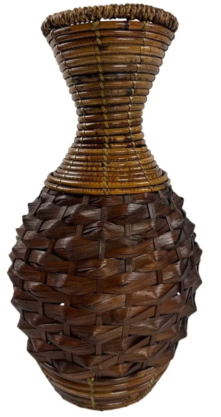 Vintage 90s Handwoven Rattan Wicker Vase 15” Brown Boho Basket Decor